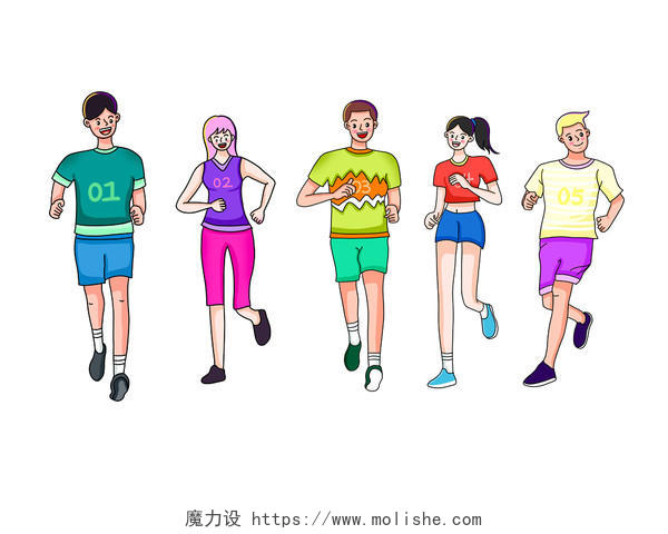 彩色手绘原创卡通跑步运动奔跑锻炼的人物元素PNG素材
